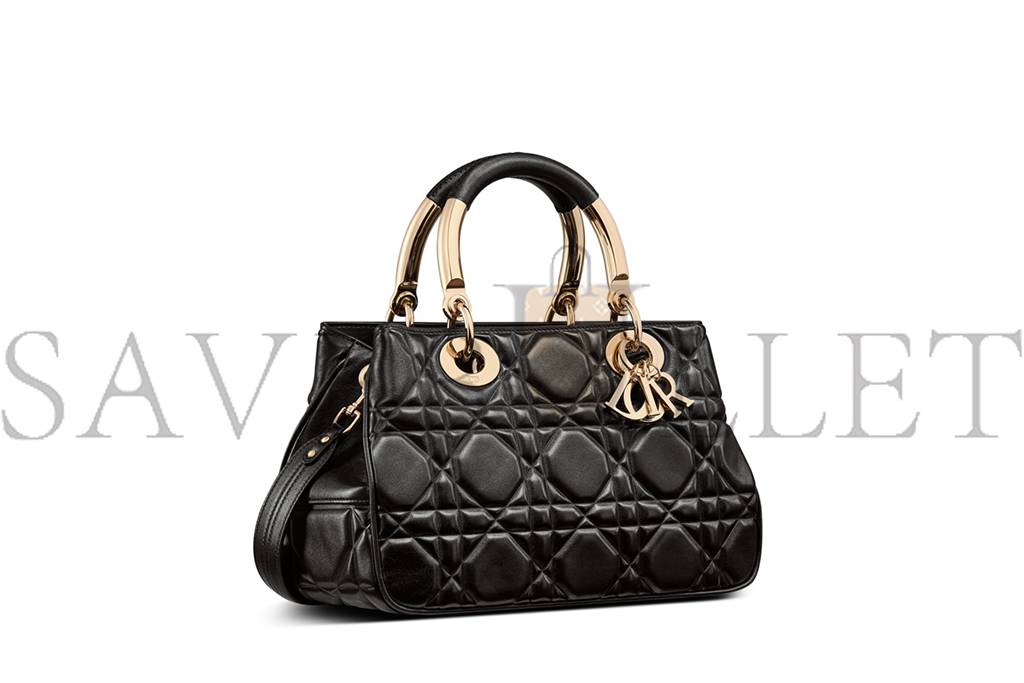 DIOR LADY 95.22 GOLD HARDWARE DIANA HANDBAG CALFSKIN LEATHER BAG MEDIUM BLACK  (39*25*16.5cm)